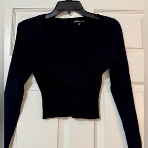Black Ribbed Cropped Faux Wrapped Sweater